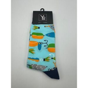 Yo Sox Fishing Lure Crew Socks Men's 7-12 Aqua Blue Printed Funky Hosiery NWT